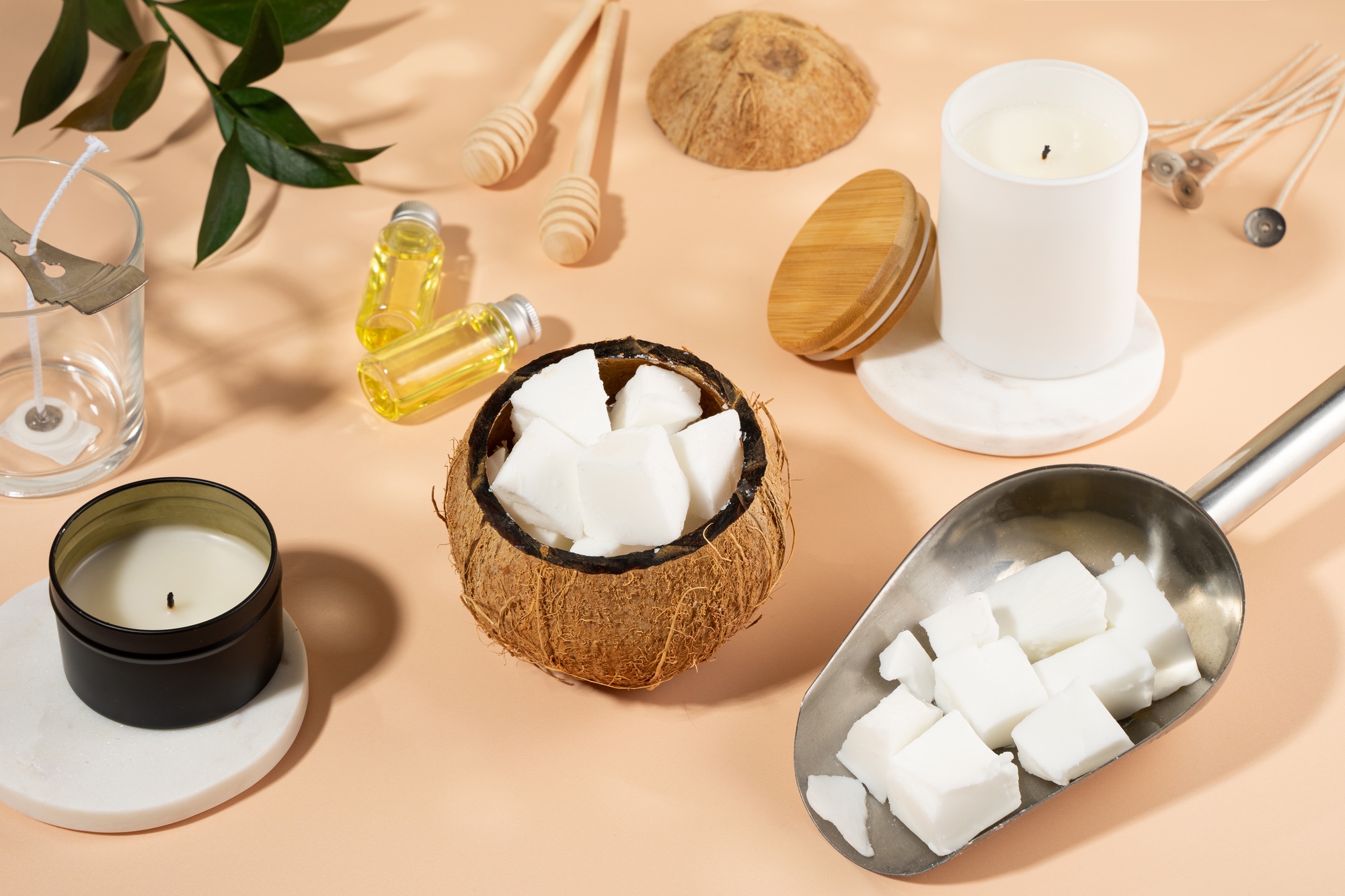 Set for homemade natural eco-friendly coconut wax candles, wick, perfume, aroma oil